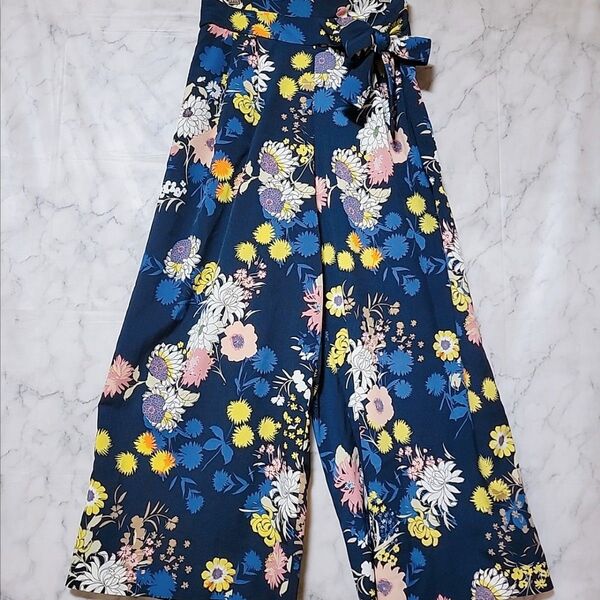 ザラ 花柄 ボタニカル ワイドパンツ ズボン ゆったり ウエストゴム りぼん ZARA ガウチョパンツ