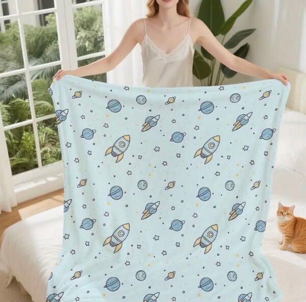 値下 新品 ロケット柄ブランケット 水色