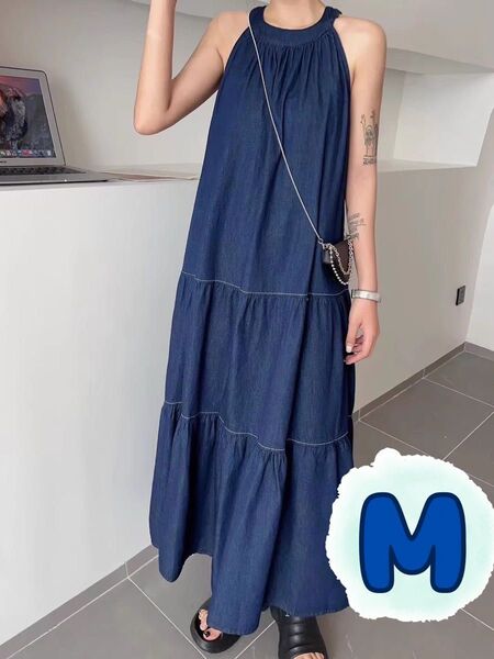 1243 ホルターネック ティアード マキシワンピース M