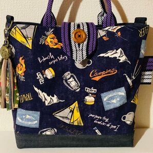 ラスト★キャンプ柄 帆布生地×セルビッチデニム 酒屋前掛け紐 トートバッグ