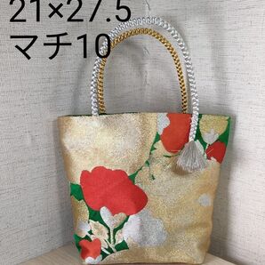 帯リメイクバッグ 緑色地 金銀 赤 お花刺繍