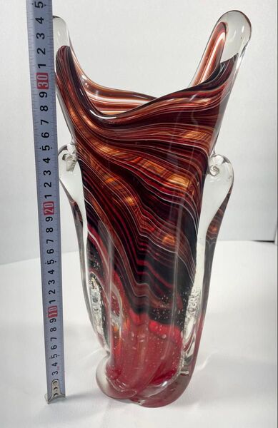 【昭和レトロ】KAMEI GLASS 花瓶 花器 ガラス フラワーベース 花入 赤 金彩 壺 ルビー 置物 黒 マーブル模様