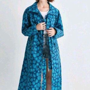 ブルー花柄 L 新品 レインコート お洒落 レディース 雨合羽 かっぱ ロング