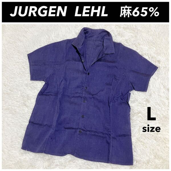 JURGEN LEHL ヨーガンレール 半袖シャツ ブラウス オープンカラー Lサイズ レディース リネンコットン 麻 ネイビー