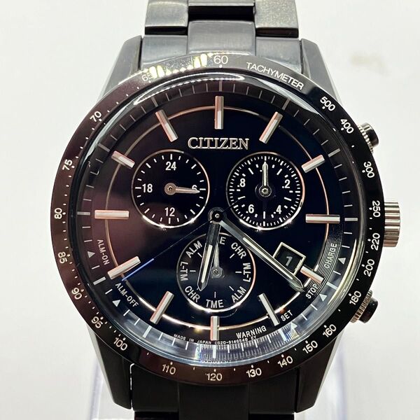 美品 CITIZEN シチズン ECO-DRIVE クロノグラフ 腕時計 メンズ タキメーター E820-S105501 エコ電波