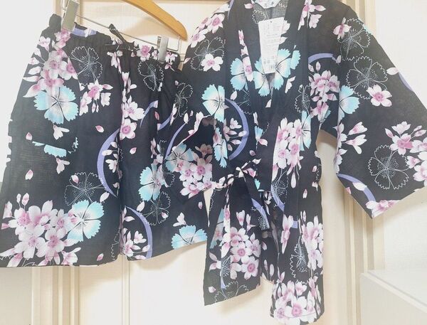 新品タグ付き 甚平 レディース M L 女の子 160㎝ 黒地 花柄 桜 綿100% 夏祭り 花火大会