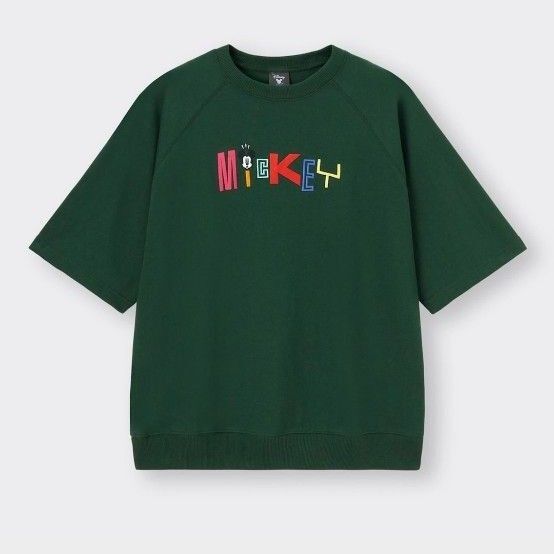 GU 半袖 スウェット Tシャツ ミッキー 刺繍 グリーン Lサイズ Disney×GU ミッキーマウス ディズニーコラボT