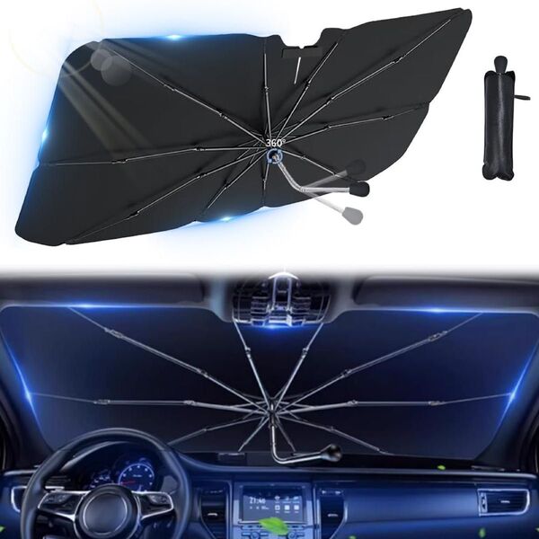 【1点もの】車 サンシェード フロント 傘型 柄が曲がる 遮光遮熱 UVカット 6層ナノ高分子断熱材料 取付簡単 XL コンパクト