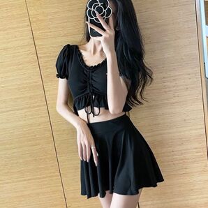 本日まで★ 水着 M ワンピース水着 黒 夏 体型カバー韓国 おしゃれ スカート セットアップ ブラック ハイウエスト プール 海