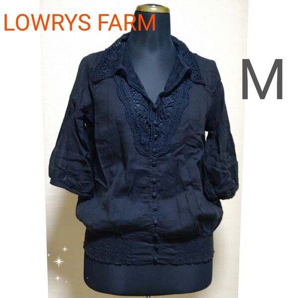LOWRYS FARM ローリーズファーム 襟付きレースブラウス 半袖 綿100% 黒