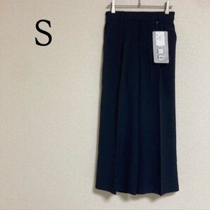 ひんやり 麻調 ワイドパンツ ウエストゴム S ネイビー 冷感 UVカット 速乾 洗濯OK センタープレス パンツ
