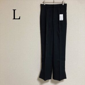裾スリット ストレートパンツ スラックス センタープレス L 黒 ウエストゴム パンツ ボトムス タック