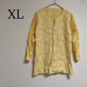 長袖 ブラウス シアーブラウス シースルー チュニック 総柄 花柄刺繍 XL イエロー トップス カットソー