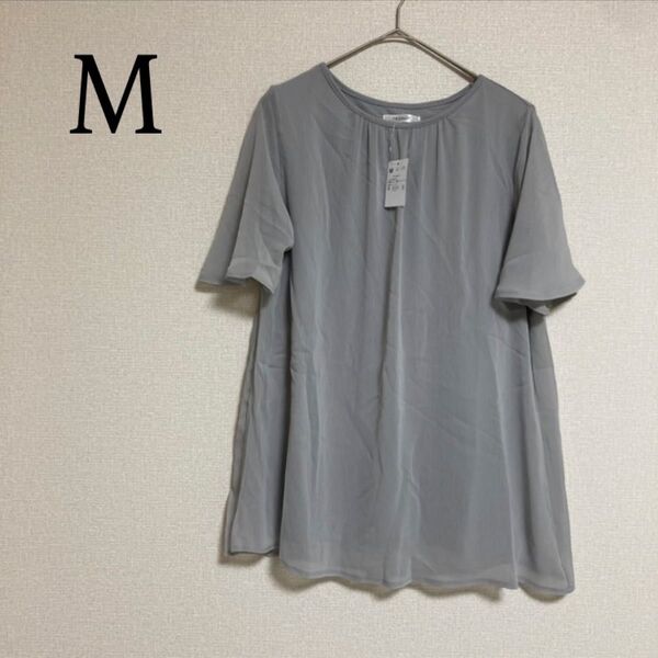 シフォン 半袖 Tシャツ チュニック トップス アイスグレー M カットソー ブラウス