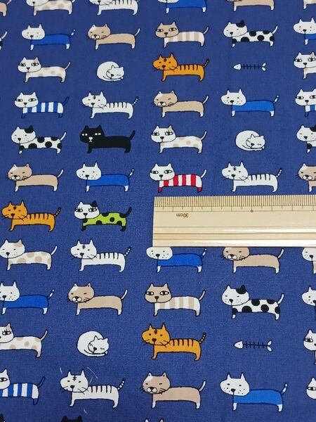 165 ネコ柄生地 猫整列 コットンこばやし ネイビー系 110×60cm
