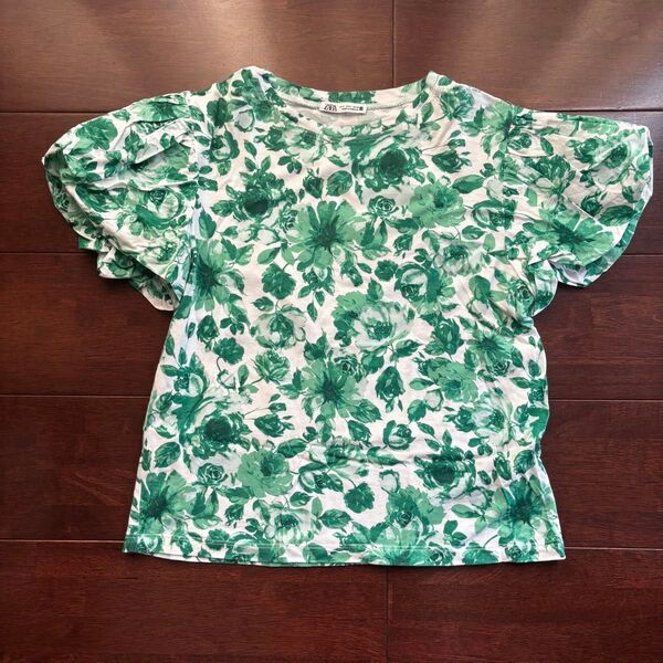 美品 ZARA 花柄 パフスリーブ トップス Tシャツ ボタニカル グリーン S カットソー 半袖 シャツ