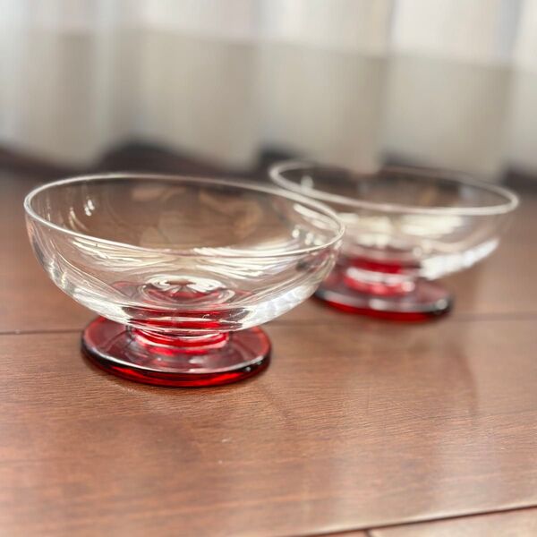 硝子 アイスクリーム 器 デザート皿 赤 2個セット ボウル 昭和 レトロ 北欧 ヴィンテージ 菓子器 氷コップ