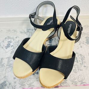 velikoko サンダル ウェッジソール ブラック ラメ 24cm 脱ぎ履きラクチンウェッジヒールサンダル ブラック 黒