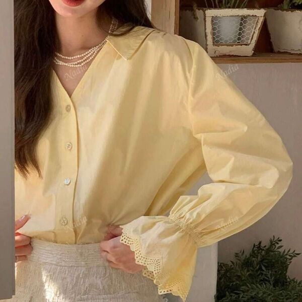 【SHEIN】イエロー コットン 長袖シャツ ブラウス 黄色 春服 かわいい M