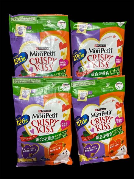 モンプチ クリスピーキッス バラエティパック 総合栄養食キャットニップ入り 2種のアソート 126g(6g×21袋)×4個