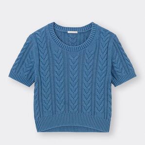 【美品】ケーブルクルーネックセーター セーター ニット 半袖 半袖ニット ブルー Lサイズ