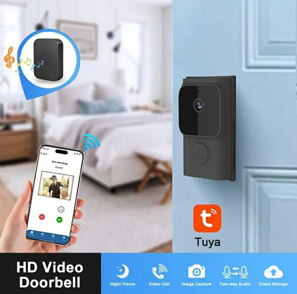新品 tuya HDナイトビジョン付きスマートビデオドアベル ワイヤレスインターホン 本体 黒色