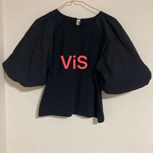 ViS バルーン袖 トップス カットソー Tシャツ M 黒 ボリューム袖 半袖 5分袖