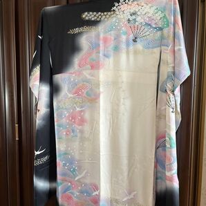 単品振袖着物 正絹 扇 鶴 桜 谷崎潤一郎落款