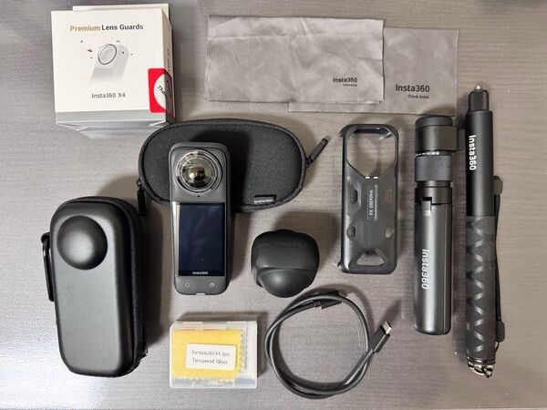 Insta360 X4+黒自撮り棒114cm+バレットタイム三脚+プレミアムレンズガード+純正キャップ+メモリーカード64GB他