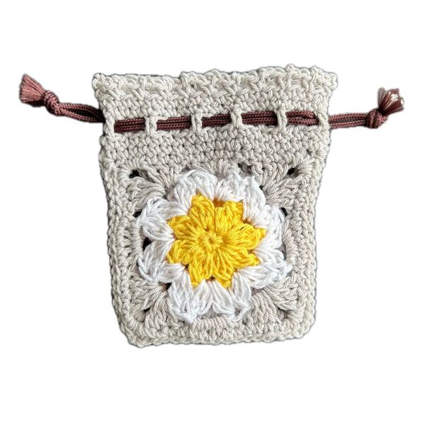 手編み 巾着袋 お花のモチーフ グレー ハンドメイド クロシェ グラニースクエア