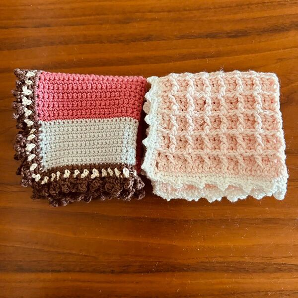 【2枚セット】ニッタオル ピンク/レッド ハンドメイド ニットタオル ニットハンカチ コットンハンカチ 手編み