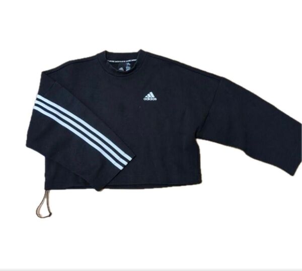 adidas トラックスウェット クロップド ショート丈 トレーナー 裏起毛 スウェット ブラック 三本線