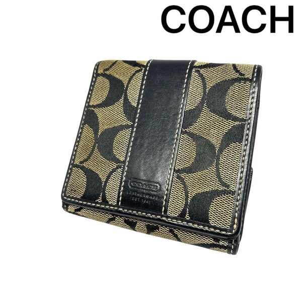【COACH】 コーチ シグネチャー 二つ折り 財布 レザー キャンバス ウォレット 小銭入れ ブラック グレー