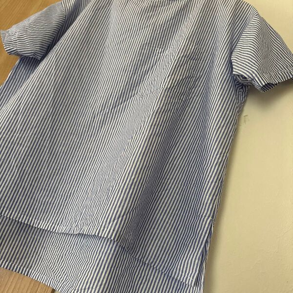 ハンドメイド★ゆったり 涼しげなTシャツブラウス ブルー系ストライプ