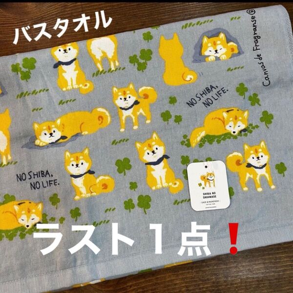 ラスト1点!【新品】 ガーゼ&無撚糸バスタオル 柴犬 シバのしあわせ ブルー