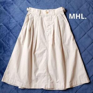 美品 MHL. エムエイチエル マーガレットハウエル ミモレ丈 スカート コットンリネン ホワイト タックフレア ロングスカート