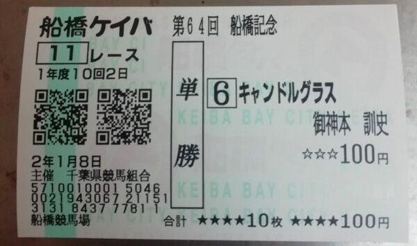 現地購入単勝的中馬券★2020船橋記念★1着キャンドルグラス 御神本★おまけ2着ノブワイルド