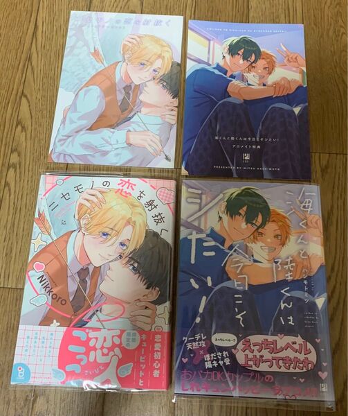 【新刊】Nikkoro『ニセモノの恋を射抜く』ハシモトミツ『海くんと陸くんは今日こそシたい!』アニメイト特典4Pリーフレット