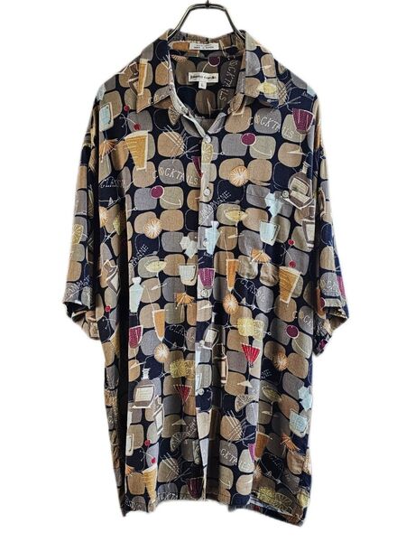 90's ヴィンテージ pierre cardin カクテル柄 アロハシャツ L レーヨン 古着 半袖シャツ オープンカラー