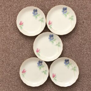 花柄の白いお皿 5枚セット 金縁