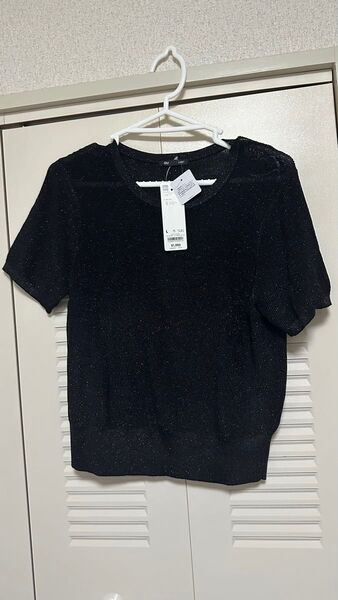 GU 黒ラメ ニット L 半袖 ブラック