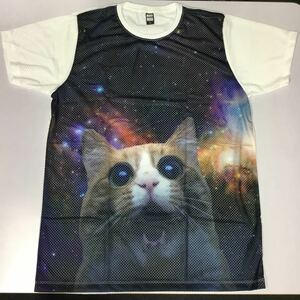 デザインメッシュ半袖Tシャツ Lサイズ　かわいい猫柄　びっくりネコ　DBR4B