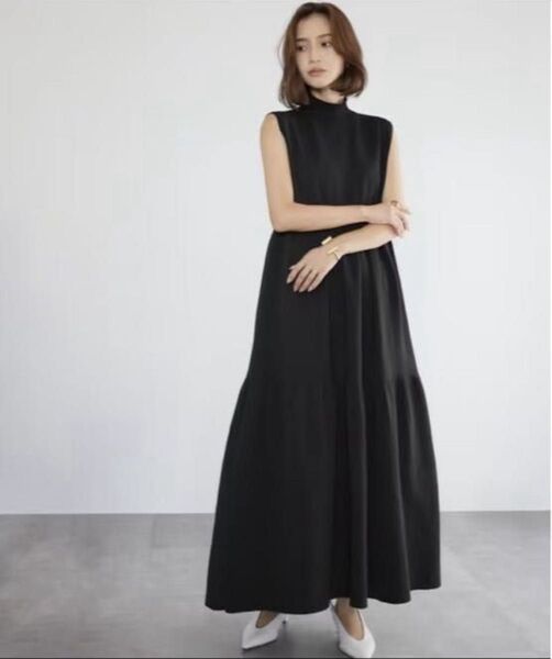 ワンピース ロング マキシ丈 ティアード ブラック ポケット ワンピース きれいめ 大きいサイズ ニット ノースリーブ 着痩せ