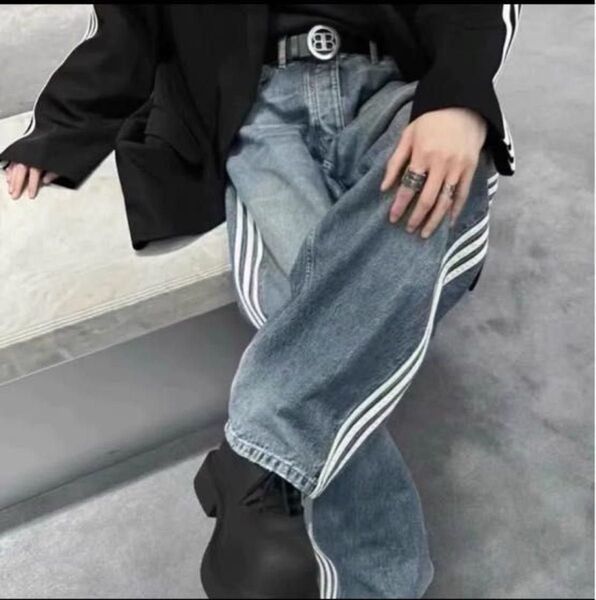 ストリート系 サイドライン ワイドデニムパンツ ユニセックス Y2K XL