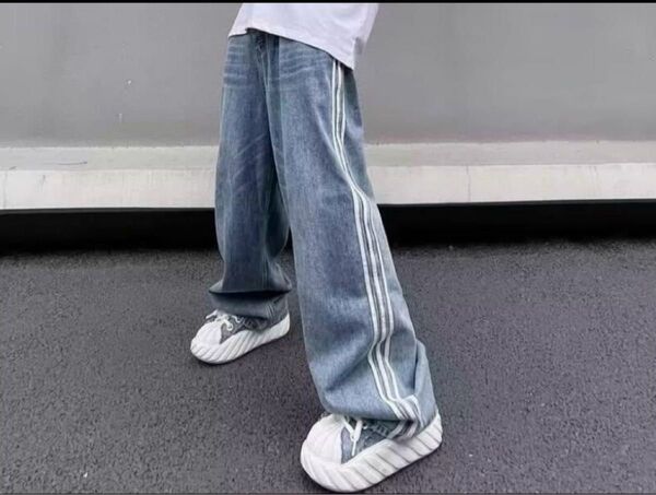 ワイド パンツ デニム ストリート系 サイドライン(ユニセックス)Y2K