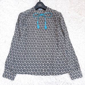 Salvatore Ferragamo サルバトーレフェラガモ ガンチーニ ブラウス ボウタイ レザー タッセル シルク 42