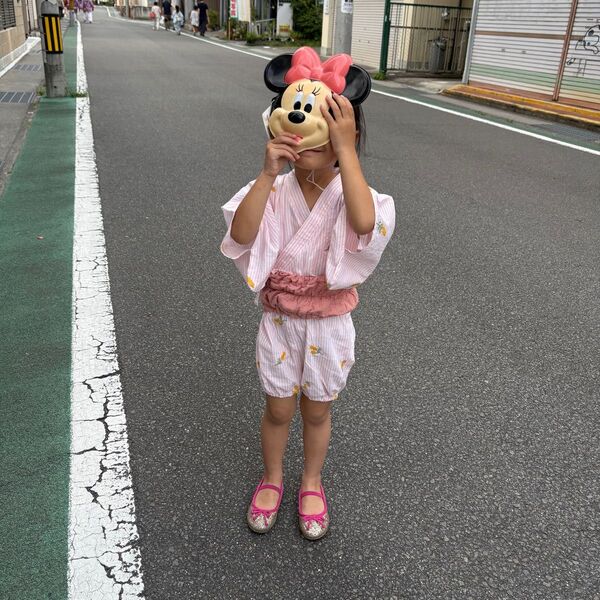 【浴衣】ミモザ柄にピンクのストライプ