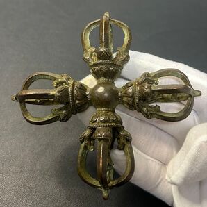 古銅密教法具 十字金剛杵 魔除け 浄化 チベット仏具旧家蔵出し、風水、縁起物 金剛杵 銅製 密教法具