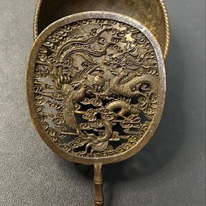 古銅古文刻印龍彫刻扇形香炉 旧家蔵出し、縁起物、骨董品、掘り出し物、収蔵品、風水