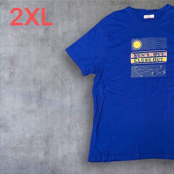 【US古着】ブルー 2XL Tシャツ 半袖 レギュラー プリント メンズ レディース 大きいサイズ オーバーサイズ